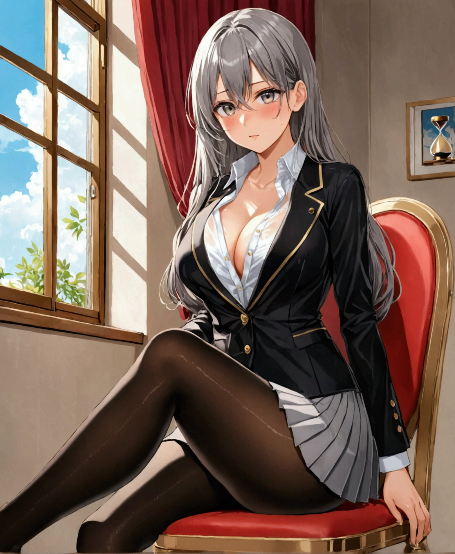 /(Front focus), /(Front view,), /(Focus on girl,), A beautiful girl, high school student, sitting on a chair, crossing legs, beside the window, lifting her skirt with lust using one hand while looking at the viewer in a flirtatious and horny way, touching her crotch over her skirt, caressing her legs with one hand, closing her eyes, moaning, leaning against the back of the chair, breathing heavily, blushing, blouse, traslucent blouse, wet blouse, blouse completely open and unbuttoned, bra visible under blouse, sweat and wet body, /(extremely long straight hair, almond-shaped eyes, hourglass-shaped athletic body, Big chest, medium hip, medium waist, shapely legs, perfect fingers, Greek nose, perfect hands, triangular face,), /(uniform: white V-neck blouse long sleeves, gray pleated mini skirt, black satin blazer with gold buttons, black pantyhose,),