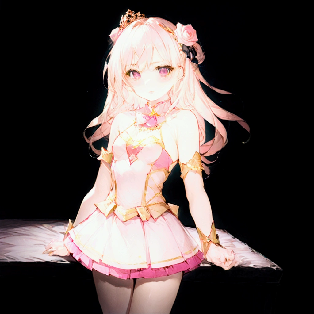 A lone magical girl with fair white skin stands in a high-definition, ultra high-definition bedroom. She possesses a slender frame and small breasts, her wavy, long rose gold hair flowing elegantly. Dressed in a rose gold, pink, and gold color magical girl outfit. she wears detached sleeves, a skirt with a black bow, and magenta eyes that reflect disdain. Adorned with a rose in her hair, she stands with a look of humiliation and defiance, gazing directly at the viewer.