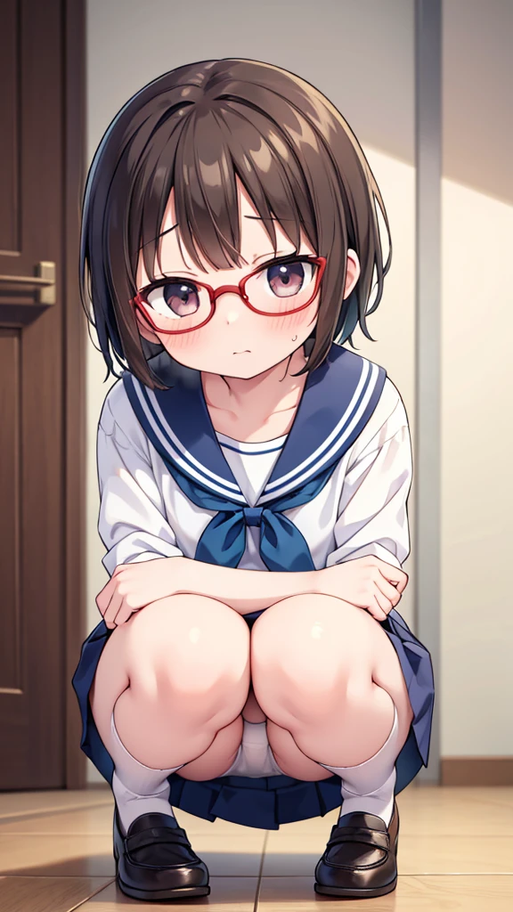 A cute girl in a , short brown hair, squatting down and looking shy, steam rising around her, photographed from below, 1girl, very short hair, white blouse, navy blue skirt, navy blue socks, brown loafers, white panties visible, red framed glasses, nichijou style, best quality, 4k, 8k, highres, masterpiece:1.2, ultra-detailed, realistic, photorealistic, photo-realistic:1.37, HDR, UHD, studio lighting, ultra-fine painting, sharp focus, physically-based rendering, extreme detail description, professional, vivid colors, bokeh、in a state of arousal and trembling with sexual climax,simple illustration style, in a nichijou (everyday life) setting