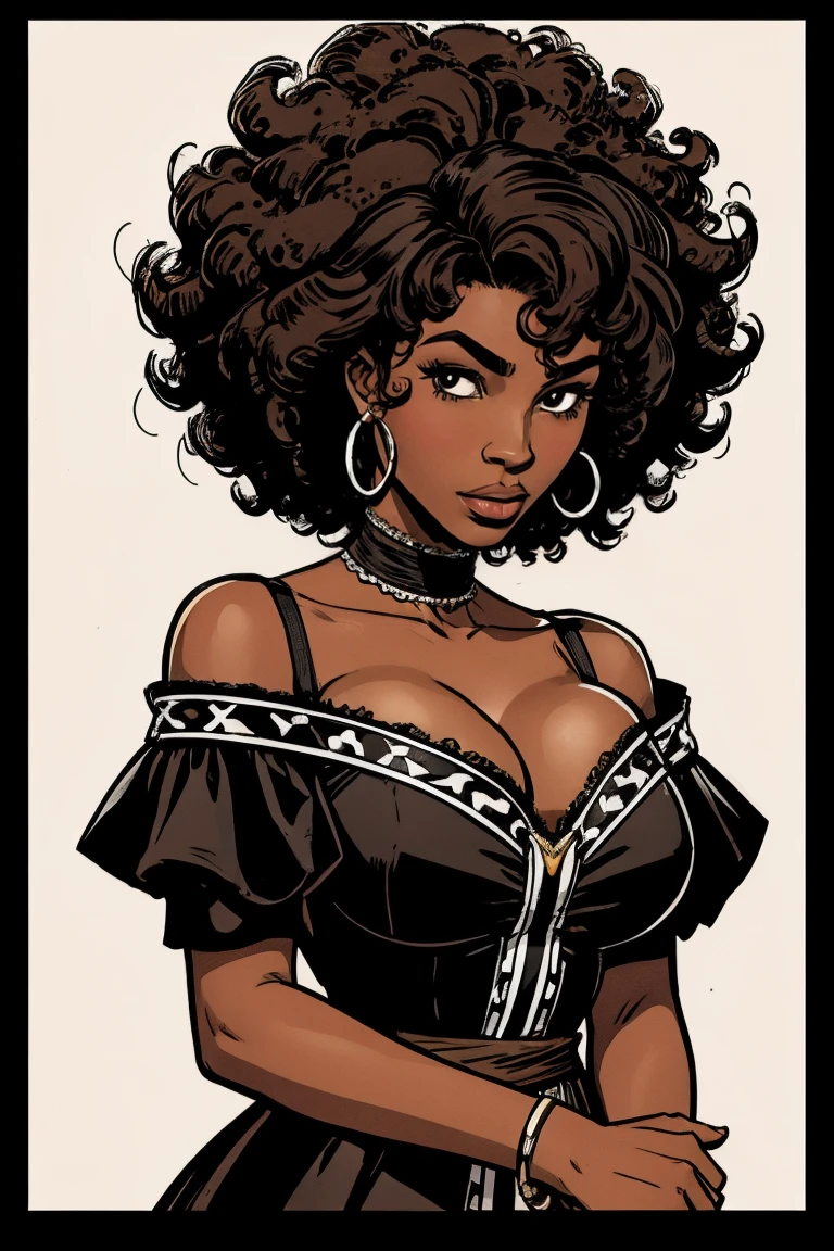 Generate a black and white vector of an afro-descendant woman with brown skin, with shoulder-length black curly hair, with the profession of confectioner for brand logo