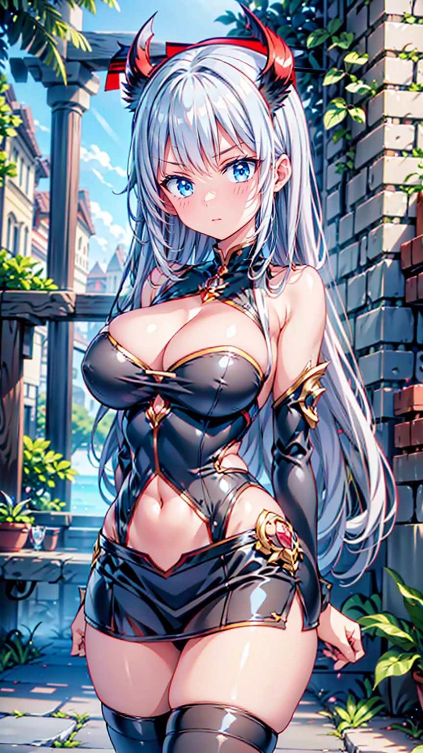 Anime Kawaii sexy Perfect Slim sensual body large breast and huge thighs, An intricate and highly detailed illustration of アニメ (). work of art, high qualiy, 4K, HDR, ancient castle, a one woman, marble texture, brick texture, feather texture, grumpy, looking ahead at viewer, gaping mouth, long hair, Blunt cut, Blunt bangs, silver hair, Red hair, two tone hair, Eyes red, anomalous eyes, blue colored eyes, jitome, pale skin, skin fair, toned body, voluptuous, curved, beauty brand, chifres vermelhos e pretos Spitzs na cabeça, a black halo above the head, with devil wings on his back, grown-up, dark fancy, fancy, comely, アニメ, Spitz, cowboy shot, facing the front, from front view, from low, low angle shot, moonlights, gothic fancy setting, medium breasts