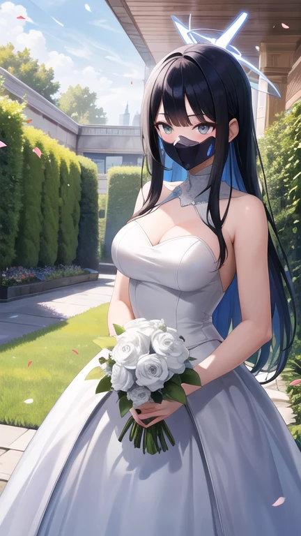 masterpiece, best quality, highres, aasaori, halo, long hair, black hair, mouth mask, black mask, garden, confetti, standing, holding bouquet, wedding dress,