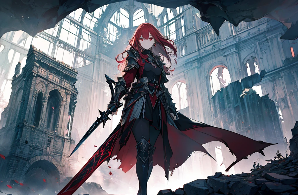 4k,hight resolution,One Woman,Bright red hair,Longhaire,red eyes,knights,white sacred armor,jewel decorations,Big sword,medieval town,furious,((dark cave,ruin place)),