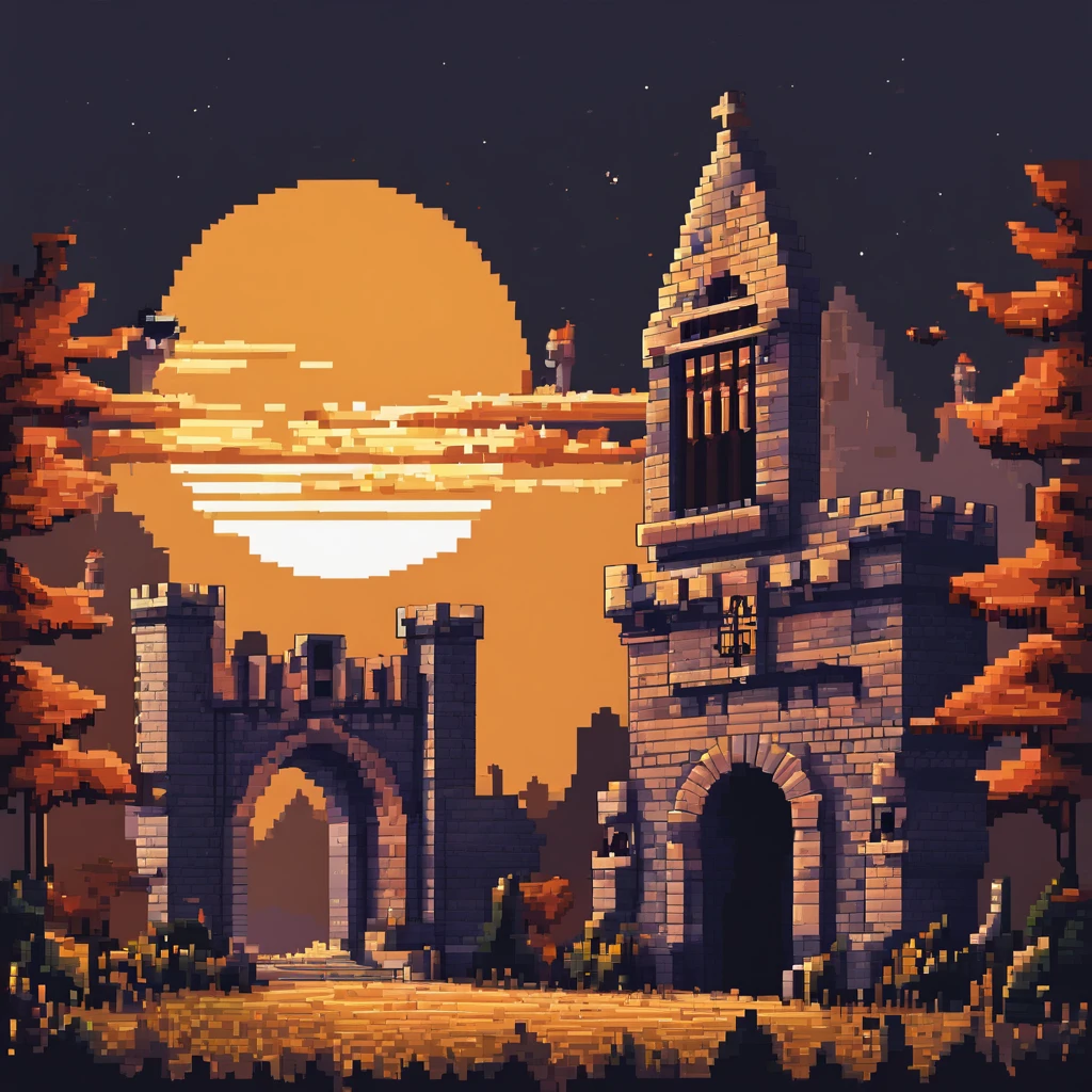 A solar eclipse above a medieval gate town