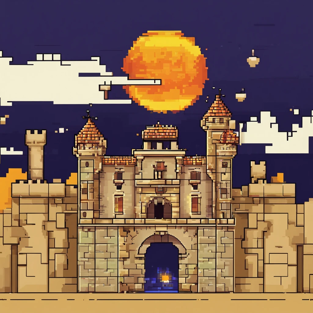 A solar eclipse above a medieval gate town