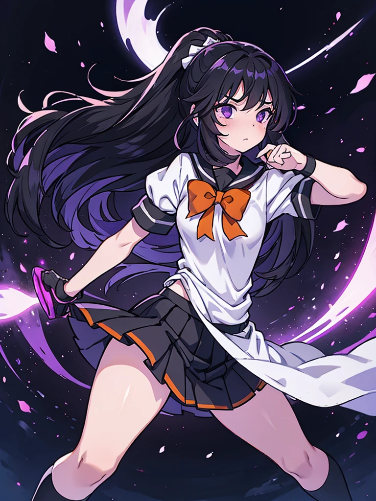 A 14 year old girl, Named: Robin, with long black hair, purple eyes, and white skin tone, has an normal personality, likes dark things and horror things, Wearing an orange cheer uniform, Standing on a school football field, With hair tied up.