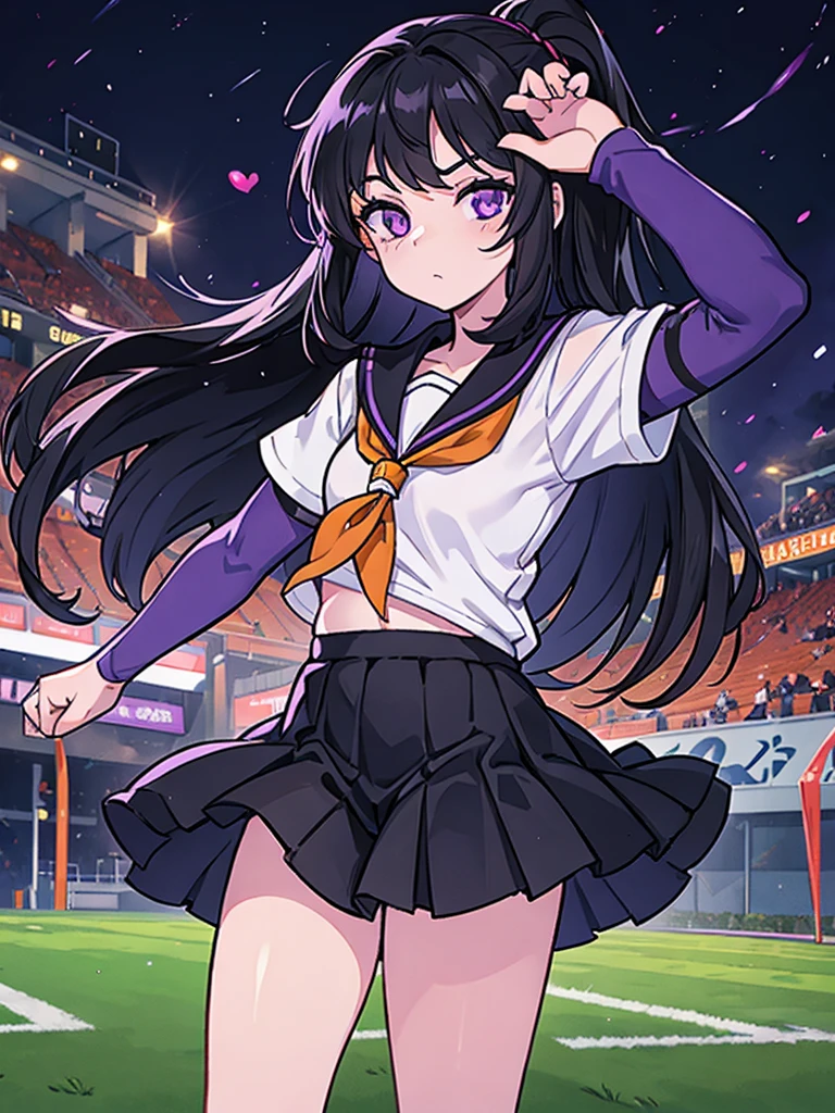 A 14 year old girl, Named: Robin, with long black hair, purple eyes, and white skin tone, has an normal personality, likes dark things and horror things, Wearing an orange cheer uniform, Standing on a school football field, With hair tied up.