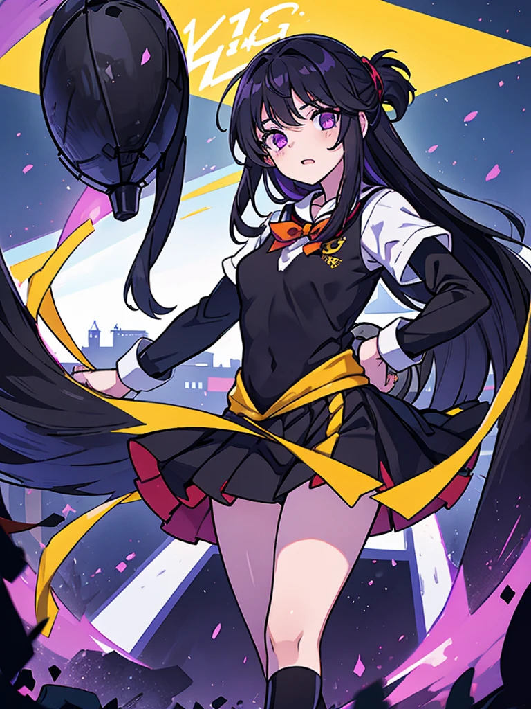 A 14 year old girl, Named: Robin, with long black hair, purple eyes, and white skin tone, has an normal personality, likes dark things and horror things, Wearing an orange cheer uniform, Standing on a school football field, With hair tied up.