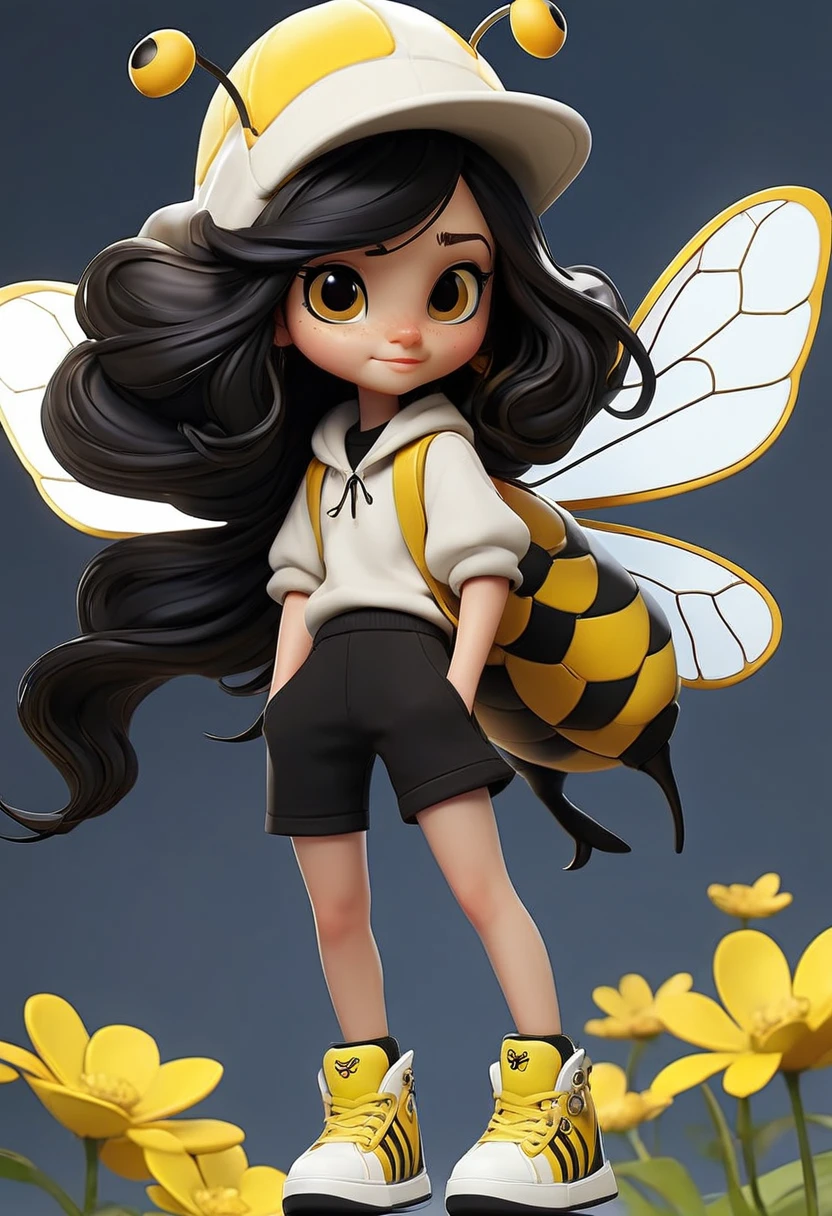 A character with the characteristics: long black hair white skin happy face a yellow and black white outfit with black and yellow shorts and black sneakers with a bee hat with blue wings with the character flying