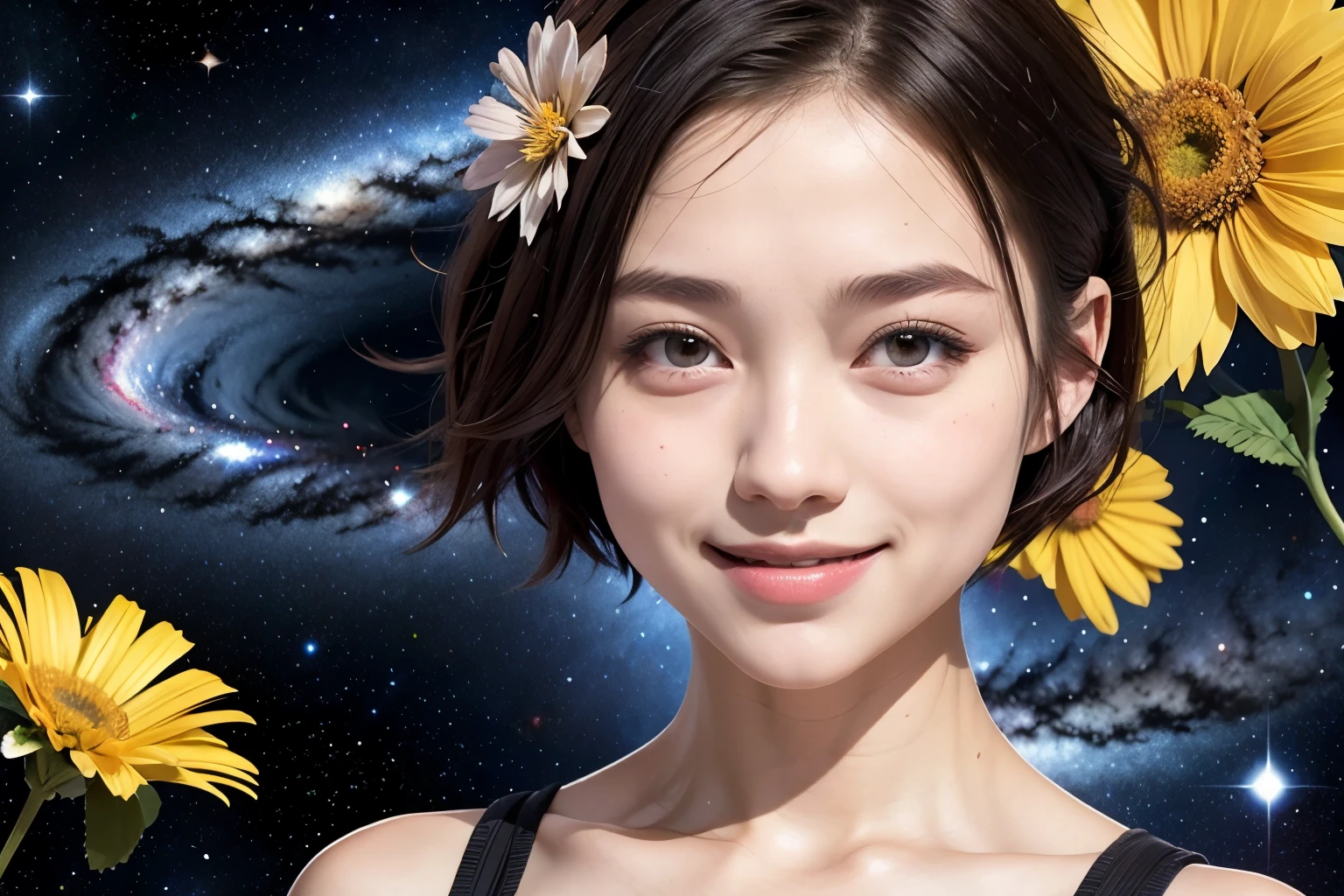 258 19-year-old female, (short hair),(Abstract background,universe), smile, flower