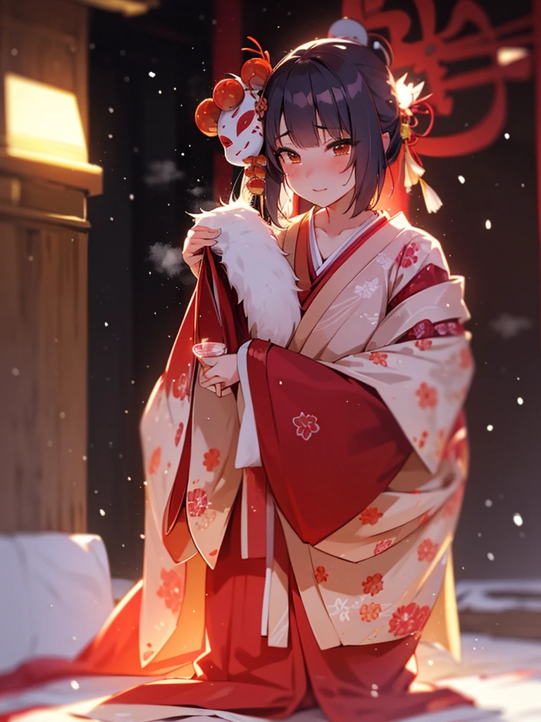 (Sumilux f1.4 50mm , low Latitude old color negative film , cross process , bokeh, flare, chromatic aberration , soft focus, (Shallow focus) , soft glow , Maximum aperture, High Key , Transparent depiction) , kawaii hentai anime , Elegance erotica , Japanese Heian period , Shrine maiden girl, kitsune mask , (round Maro eyebrows) , kimono , (Peony flowers blooming:0.8) , Snow is falling , steamy breath , Kagura Dance , passion , Drinking amazake , Drunkard , seduce , Hyakki yagyo emaki , Demons and monsters run rampant , Clothes come undone , semi nude , on the futon , bare Collarbone
