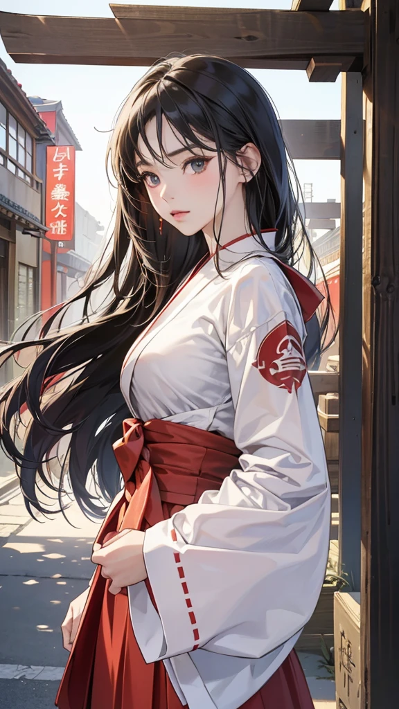 (perfect anatomy:1.2)(absurdres, highres, ultra detailed),masterpiece,best quality,high resolution,8k,Realistic face,Realistic skin texture,magnified textures, stunning clarity,detailed anime girl,(ultra detailed eyes and face),15 years old,black long hair,pale skin,Japanese shrine maiden, mysterious eyes,shrine maiden clothes,(white kimono),(The red long hakama),thin body type,big breasts,,(expressionless:1.2bashful:1.1),Steampunk in the Edo Period、(Vivid hieroglyph signs and street advertisements:1.2)、silence、autumn、hieroglyph,souk、Ancient Egyptian statues、Shopping Street,,look at viewer,(from front:1.3),Delicate atmosphere、,cowboy shot,arms down、Looking at the viewer