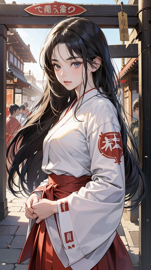 (perfect anatomy:1.2)(absurdres, highres, ultra detailed),masterpiece,best quality,high resolution,8k,Realistic face,Realistic skin texture,magnified textures, stunning clarity,detailed anime girl,(ultra detailed eyes and face),,black long hair,pale skin,Japanese shrine maiden, mysterious eyes,shrine maiden clothes,(white kimono),(The red long hakama),thin body type,big breasts,,(expressionless:1.2bashful:1.1),Steampunk in the Edo Period、(Vivid hieroglyph signs and street advertisements:1.2)、silence、autumn、hieroglyph,souk、Ancient Egyptian statues、Shopping Street,,look at viewer,(from front:1.3),Delicate atmosphere、,cowboy shot,arms down、Looking at the viewer