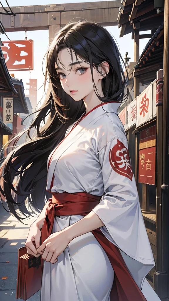 (perfect anatomy:1.2)(absurdres, highres, ultra detailed),masterpiece,best quality,high resolution,8k,Realistic face,Realistic skin texture,magnified textures, stunning clarity,detailed anime girl,(ultra detailed eyes and face),15 years old,black long hair,pale skin,Japanese shrine maiden, mysterious eyes,shrine maiden clothes,(white kimono),(The red long hakama),thin body type,big breasts,,(expressionless:1.2bashful:1.1),Steampunk in the Edo Period、(Vivid hieroglyph signs and street advertisements:1.2)、silence、autumn、hieroglyph,souk、Ancient Egyptian statues、Shopping Street,,look at viewer,(from front:1.3),Delicate atmosphere、,cowboy shot,arms down、Looking at the viewer