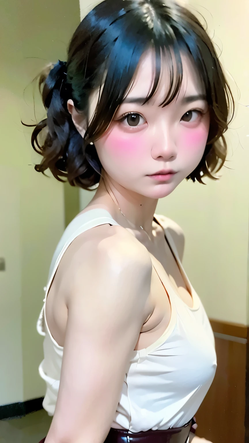 Average ass, Firm buttocks, Symmetric ass, Average size, Symmetric , 16k cg wallpaper, 16k Ultra HD, 8k CG wallpaper, 8K Ultra HD, photograph, Small waist, Tight waist, height: 154cm, Weight 42 kg, Symmetric body, well-proportioned body, Curly Hair, purple, short hair, Brown eyes, Brown Iris, White Eyes, White sclera, Symmetric eyes,