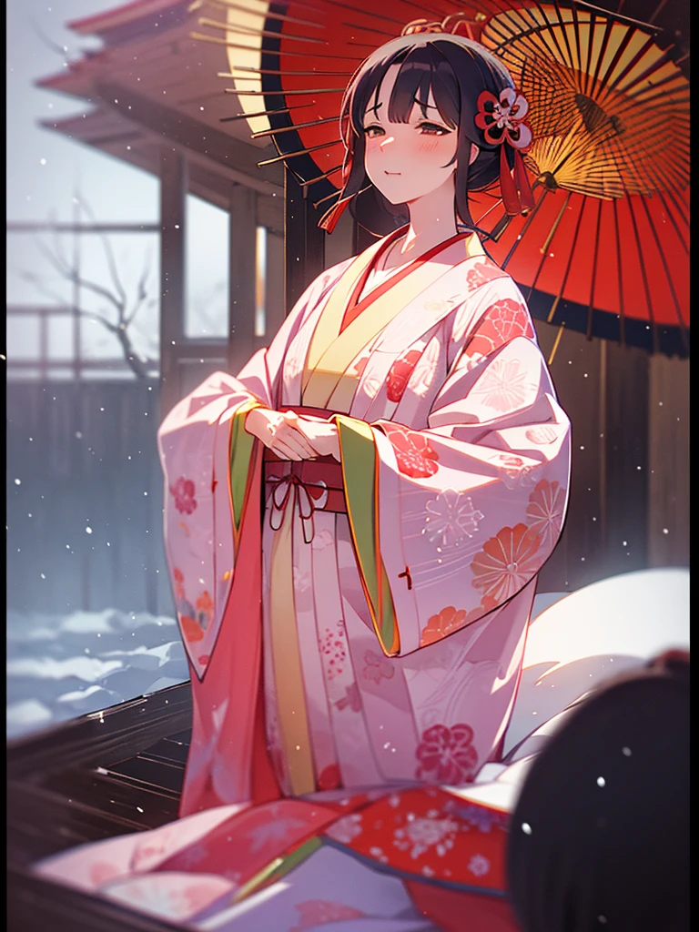 (Sumilux f1.4 50mm , low Latitude old color negative film , cross process , bokeh, flare, chromatic aberration , soft focus, (Shallow focus) , soft glow , Maximum aperture, High Key , Transparent depiction) , kawaii hentai anime , Elegance erotica , Japanese Heian period , Shrine maiden girl, kitsune mask , (round Maro eyebrows) , kimono , (Peony flowers blooming:0.8) , Snow is falling , steamy breath , Kagura Dance , passion , Drinking amazake , Drunkard , seduce , Hyakki yagyo emaki , Demons and monsters run rampant , Clothes come undone , semi nude , on the futon , bare Collarbone
