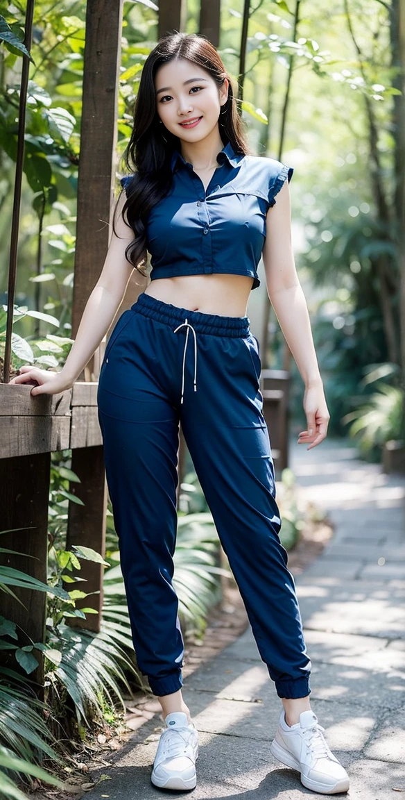 masterpiece, best quality, Surreal, Ultra Detailed, 8K resolution, RAW photos, Clear focus, (A girl in the forest), ((navy blue shirt:1.1)), sleeveless, Long sweatpants,Full body posture, Solitary, Perfect body, Become a, 36 inches in the chest,(a charming smile:1), (sexy pose),26 years old, light,White shoes,