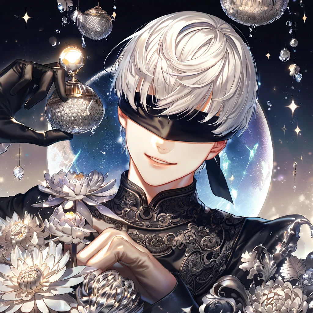 absurdres, highres, ultra detailed, HDR, master piece, best quality, extremely detailed, 9S, white hair, blindfolded, Nier Automata, solo, sexy man, handsome, smile, sensual, black clothes, black gloves, fantasy, water, sparkling, silver glittering fireflies, silver moon, silver blossoms, silver chrysanthemums, silver sparkling lights, starry sky, magical