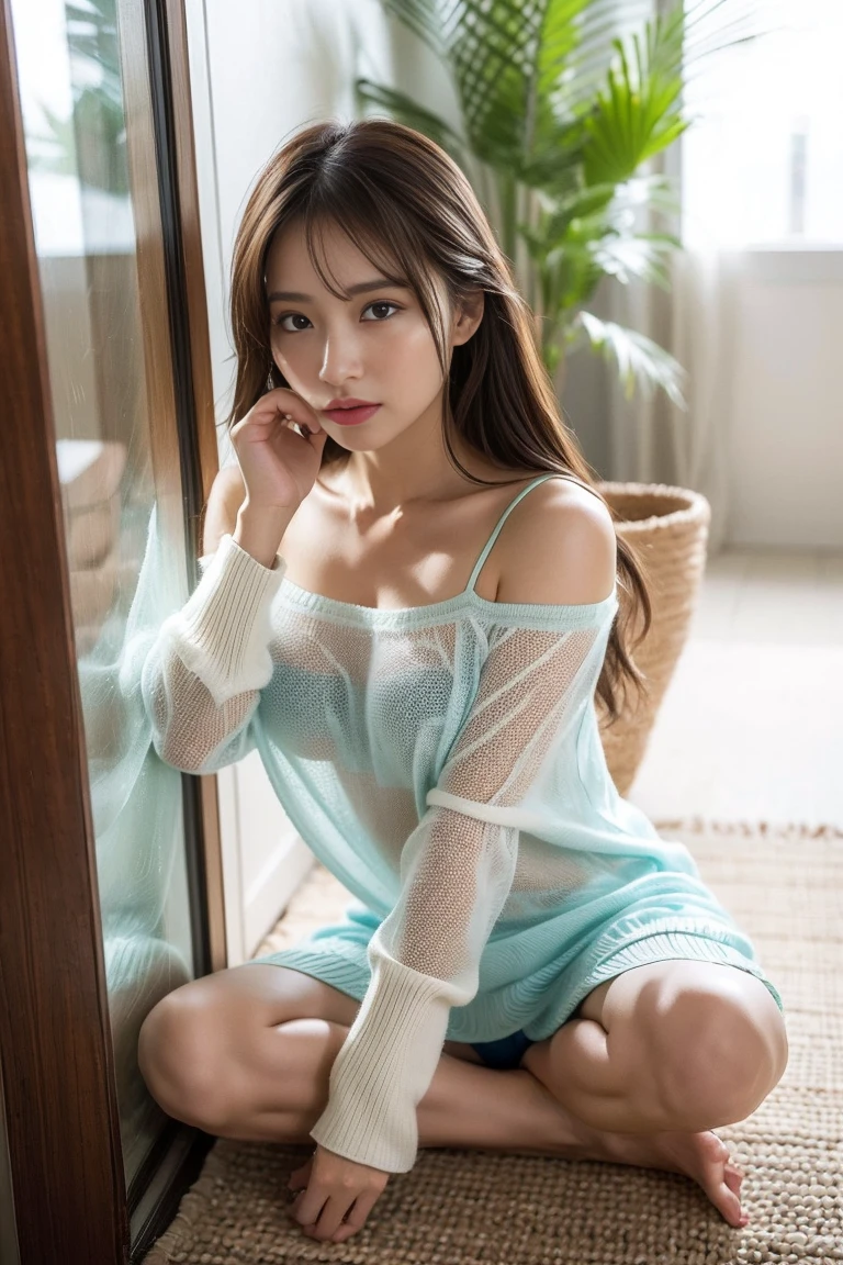 20yo woman, (masterpiece: 1.4), (8K, realistic, raw photo, best quality: 1.4), giant emphasized, big buttocks, nipple areola shape clear, camera gaze, Japan person, (1 girl), beautiful face, (real face: 1.4), (amber colored hair), beautiful hairstyle, realistic green eyes, beautiful detail eyes, (real skin: 1.3), beautiful skin, attractive, ultra high resolution, ultra realistic, high definition, (Japanese Talent: Rino Sashihara), Wet and Sheer Tank Top, Off-Sheller, Short Hair, Wet and Sheer White See-Through Panties, NSFW, Sitting on the Sofa, Pubic Shape Sheer and Clear, Drenched in Sweat, Pose (Bend Knees and Open Legs Wide)