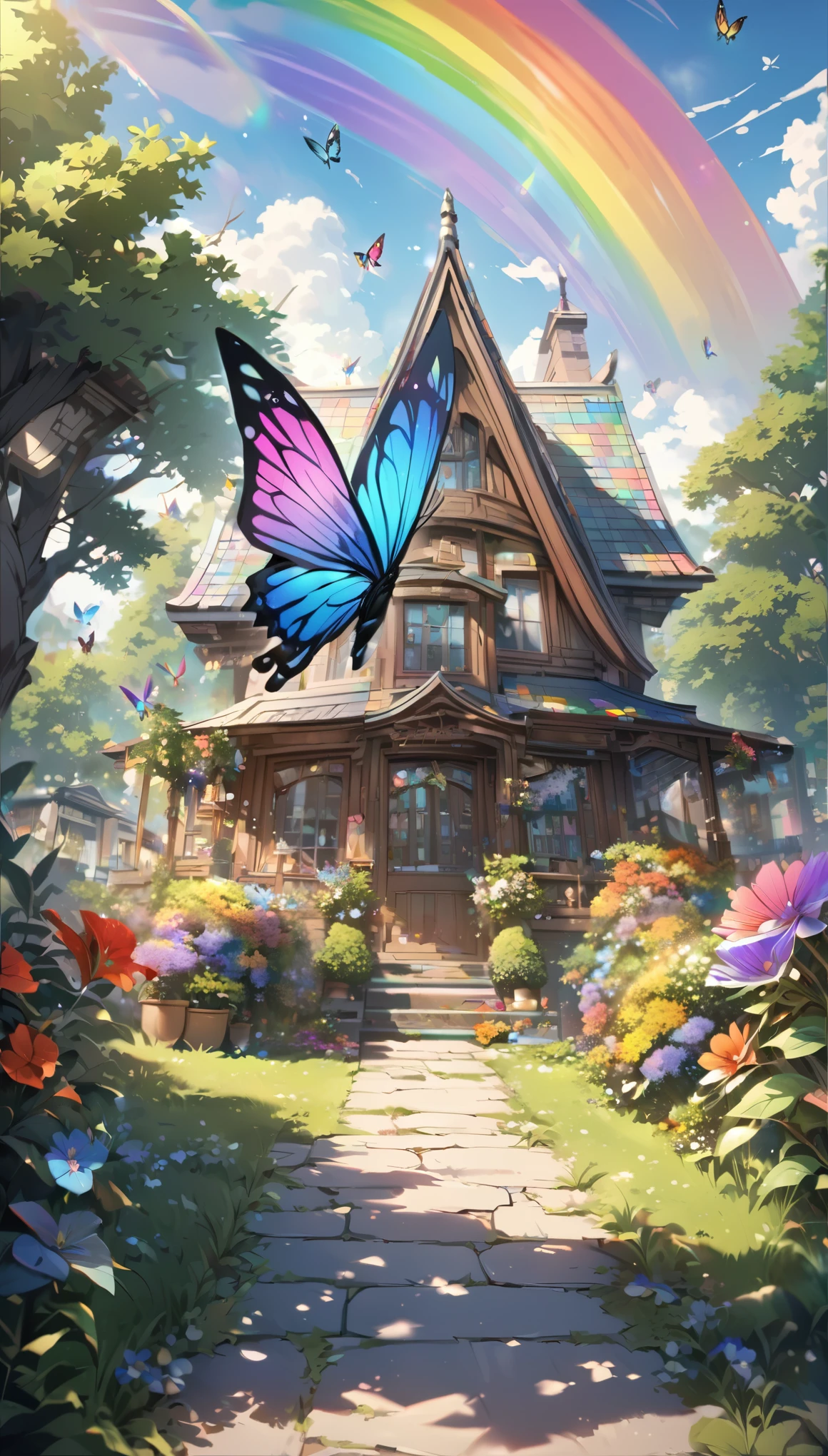 A rainbow-coloured butterfly flying in the front yard, Very detailed, 4K Real