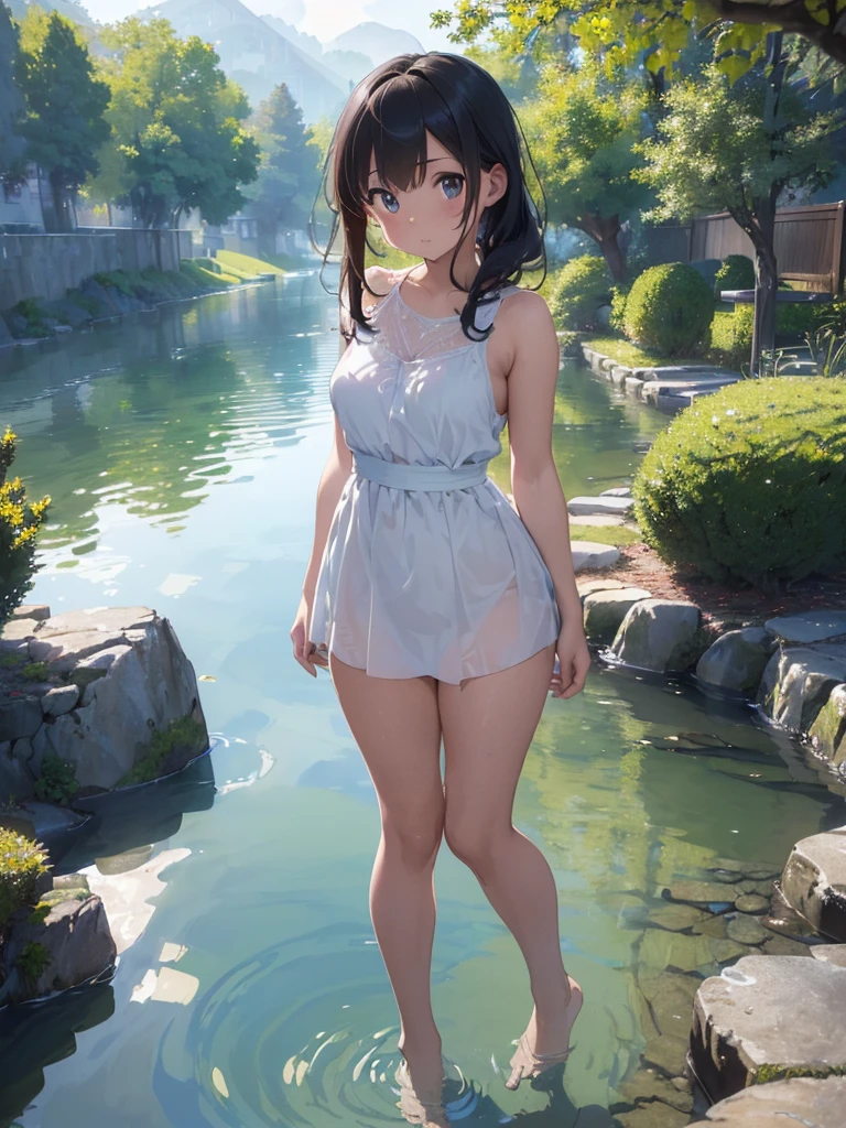 nsfw:1.3、highest quality、one beautiful woman、beautiful big breasted woman、medium hair woman、(brown haired woman:1.3)、((A woman wearing a light blue see-through competitive swimsuit:1.3))、bare hands、barefoot、pool、sexy pose、shy woman