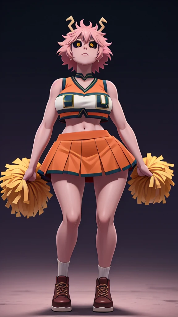 mina ashido, 1girl, solo, looking at viewer, short hair, simple background, yellow eyes, pink hair, horns, colored skin, colored sclera, black sclera, pink skin, U.A. CheerUniform, orange skirt, cheerleader, ((bare belly)), perfect shading, bare shoulders, big breasts