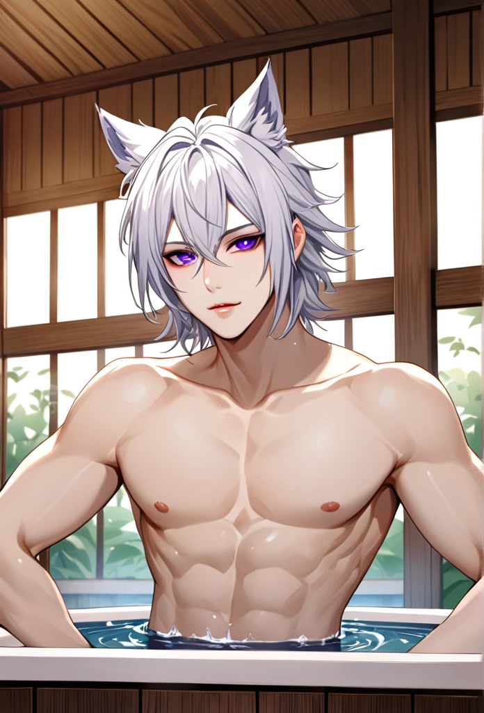 maleの子1人,alone,18-year-old,male,Sit in the cave,Shocked facial expression,blush,Close-up photo,Cross Necklace,good looking,Messy Hair,Perfect Face, Gray Hair,No shirt (nude), Six Pack Muscles, Black trousers,blue eyes,Purple eyes, Cat ear　I can see your back　Rear view