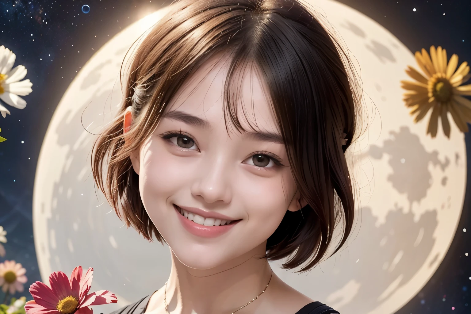 258 19-year-old female, (short hair),(Abstract background,universe), smile, flower