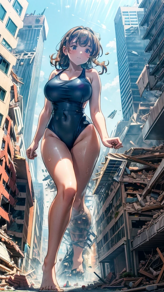 Analog illustration style ((((((A girl in a huge swimsuit is kicking a skyscraper on the street in a city destroyed by an earthquake))))))) ((A destroyed city engulfed in flames) )) ((Fire)) ((Destroyed building)) ((Destroyed car)) ((Pile of rubble)) 90's Giant ((Cloudy sky)) Full body of a huge female girl Destroyed skyscrapers, destroyed cars, crowds Unreal Engine, cleavage, cleavage, earrings, long hair, 1980s (style)
