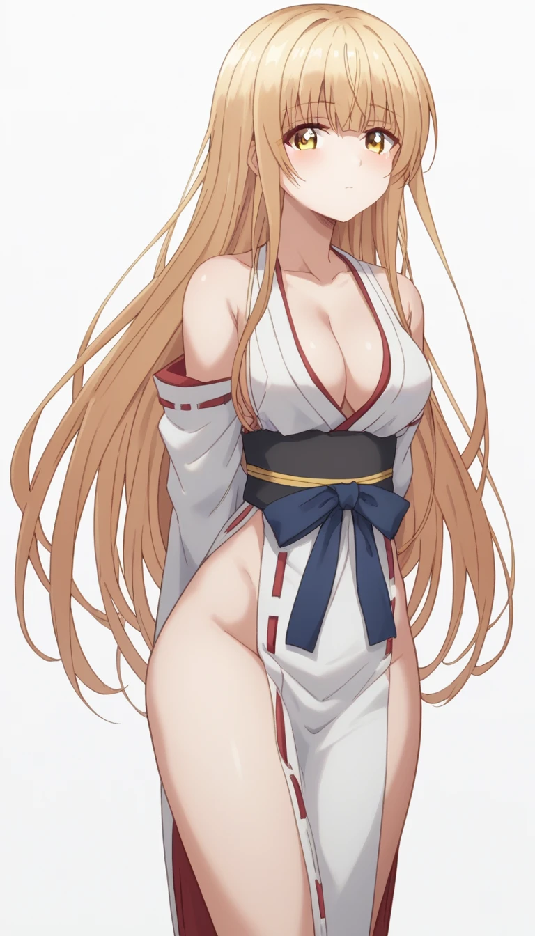 score_9, score_8_up, score_7_up, rating_explicit, 1girl, solo, MahiruShiina, otonari no tenshi-sama ni itsu no mani ka dame ningen ni sarete ita ken, shiina mahiru \(otonari no tenshi-sama\), yellow eyes, blonde hair, long hair, straight hair, medium breasts, revealing clothes, miko, nontraditional miko, collarbone, hakama, white sleeves, hakama skirt, hip vent, cleavage, ass visible through thighs, thigh gap, cowboy shot, arms behind back, looking at viewer, simple background, white background, blush, expressionless