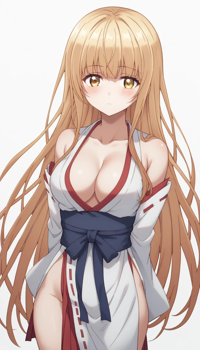 score_9, score_8_up, score_7_up, rating_explicit, 1girl, solo, MahiruShiina, otonari no tenshi-sama ni itsu no mani ka dame ningen ni sarete ita ken, shiina mahiru \(otonari no tenshi-sama\), yellow eyes, blonde hair, long hair, straight hair, medium breasts, revealing clothes, miko, nontraditional miko, collarbone, hakama, white sleeves, hakama skirt, hip vent, cleavage, ass visible through thighs, thigh gap, cowboy shot, arms behind back, looking at viewer, simple background, white background, blush, expressionless