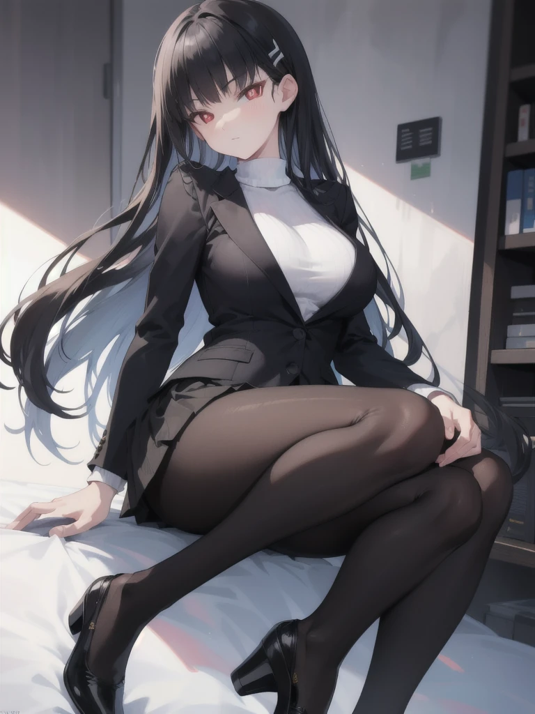 独奏,Riotsukatsuki, Rio, Black Hair, (Red eyes:1.5), hair ornaments, Hair Clip, Hello, Long Hair,
break black footwear, black Jacket, black pantyhose, black skirt, cuffs with buttons, High heels, Jacket, Long sleeve, office lady, pantyhose, ribbed sweater, skirt, sweater, Thigh straps, turtleneck, turtleneck sweater, white sweater,
break looking at viewer,
break indoors, office,
break (masterpiece:1.2), Highest quality, High resolution, unity 8k wallpaper, (figure:0.8), (Beautiful attention to detail:1.6), Highly detailed face, Perfect lighting, Highly detailed CG, (Perfect hands, Perfect Anatomy),