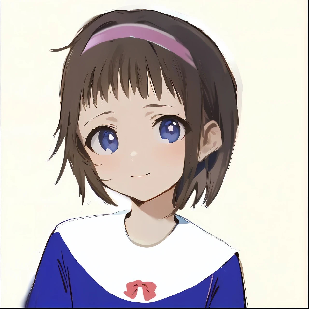 ((masterpiece)), ((Highest quality)), ((High resolution)), ((1girl)), alone, ((Cute girl)), ((A beautiful young girl)), ((She has a baby face and looks like an elementary school girl.)), (Beautifully detailed face), (bob cut), Pink headband, ((Brown Hair)), ((Blue clothes)), ((light smile)), (Cute female anime illustrations)