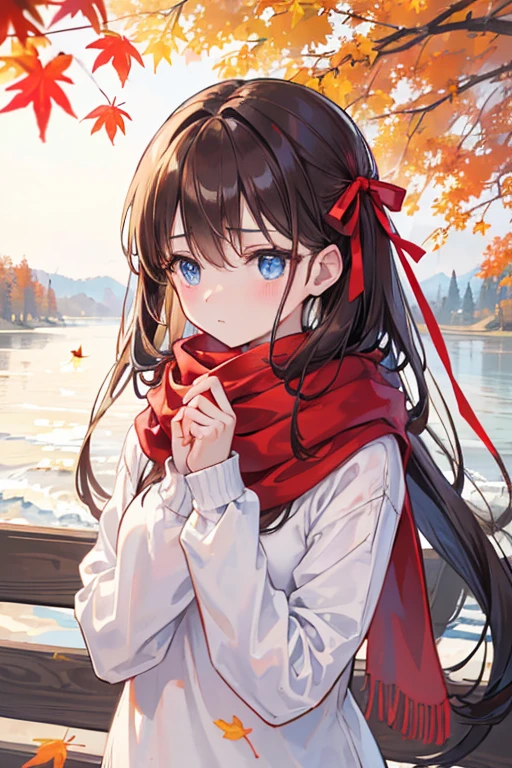 (masterpiece), Highest quality, Very detailed, shape, Warm lighting, Soft lighting, Bright colors, 1 girl, alone,( beautiful girl, Long Hair, blue eyes, ribbon, Brown Hair, Hair between the eyes, hair ribbon, Side Lock, very Long Hair, Messy Hair,) , autumn, Lots of maple trees, Maple Leaf, Golden Leaf, autumn leaves, Dry leaves, river,  fresh air,  peace, Cool breeze , Sweater Weather,( Wear a white or brown sweater, Red scarf, melancholyなautumn, Lost in Thought, melancholy, sad ,Worried, longing,)