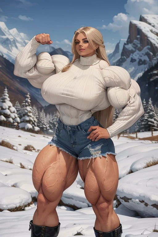 ((Close view)), tall, White haired woman, long straight hair, light brown skinned, closed smile, (black lipstick), (massive muscles), (hyper muscle), ((ginormous bulky muscles)), blue eyes, ((long sleeve white turtleneck sweater and denim shorts)), sneakers, wristbands, choker, sneakers, (snowy hills), (hands on hips)