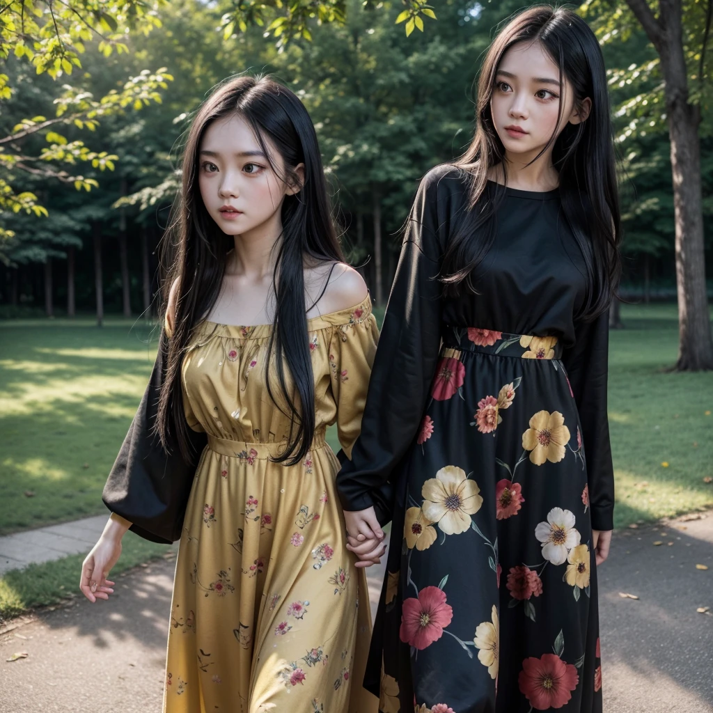red skin, yellow eyes, long black hair, floral dress, walking on the park, girl, 1 girl, girl