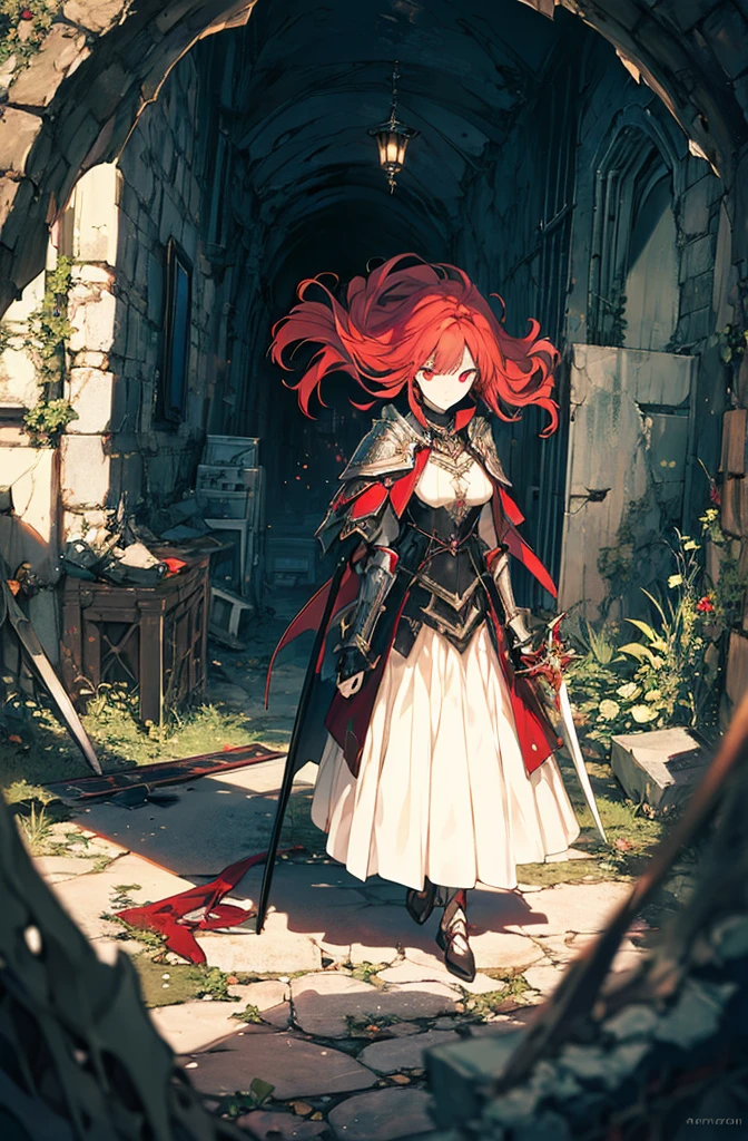 4k,hight resolution,One Woman,Bright red hair,Longhaire,red eyes,knights,white sacred armor,jewel decorations,Big sword,medieval town,furious,((dark cave,ruin place)),