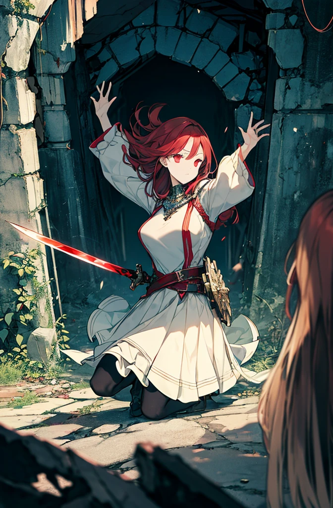 4k,hight resolution,One Woman,Bright red hair,Longhaire,red eyes,knights,white sacred armor,jewel decorations,Big sword,medieval town,furious,((dark cave,ruin place)),