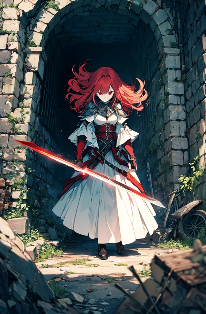 4k,hight resolution,One Woman,Bright red hair,Longhaire,red eyes,knights,white sacred armor,jewel decorations,Big sword,medieval town,furious,((dark cave,ruin place)),