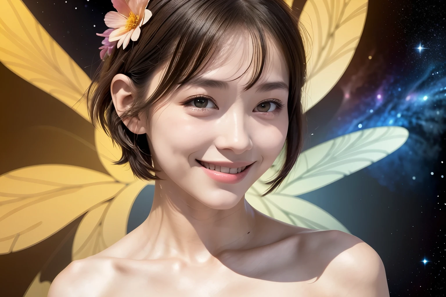 257 20-year-old female, (short hair),(Abstract background,Fractal Art), smile, flower