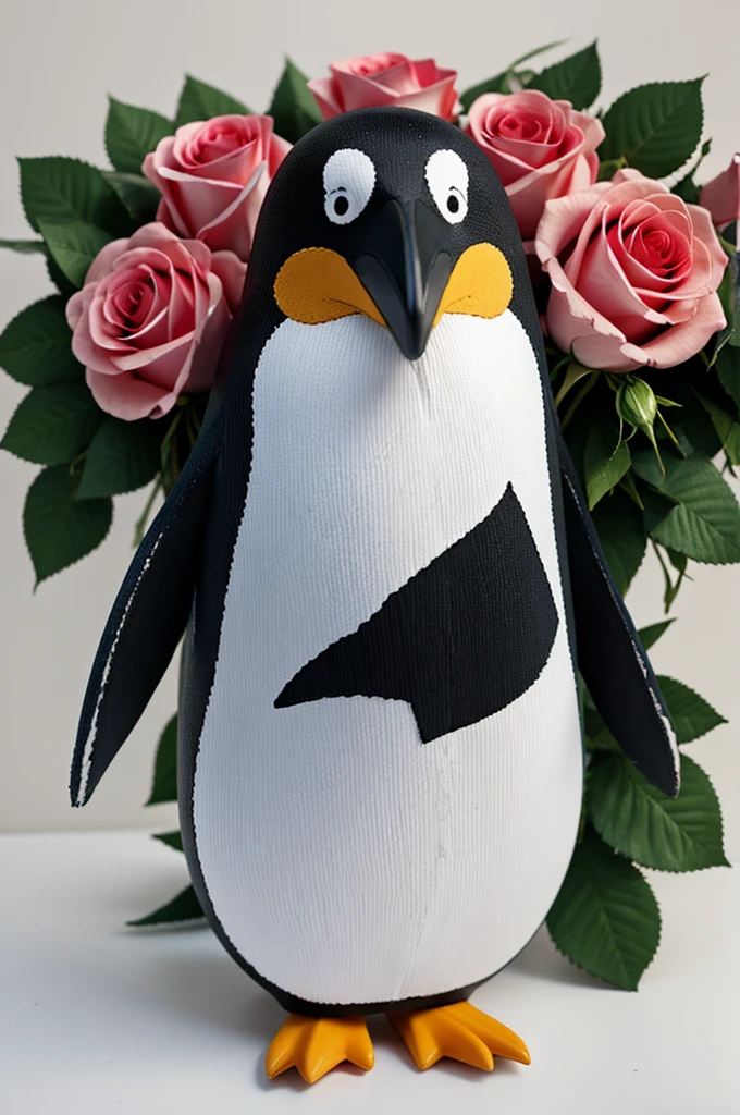 Create a penguin with roses in his hand 