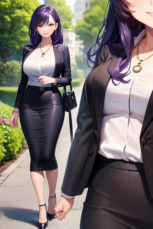 ((masterpiece, best quality, ultra-detailed)), 1girl, beautiful business woman walking through a summer garden, smiling, wearing pink blouse and blazer, bracelet, necklace, black midi pencil skirt, long tight skirt, black business skirt, heels, full body, wavy purple hair