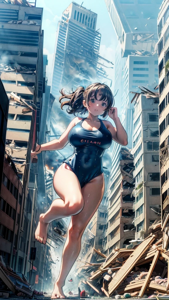 giantess art, highly detailed giantess shot, giantess, most detailed, perfect face, two legs, five fingers, short hair, beautiful girl bigger than a skyscraper, wearing rimless glasses, smiling, huge breasts, swimsuit, bikini underboob, navel, stiletto heels, under heavy attack, very small metropolis, miniature metropolis, full body depiction, GTS, giga giant, trampling city, crush city, tiny city, micro city, high resolution, best quality, masterpiece,