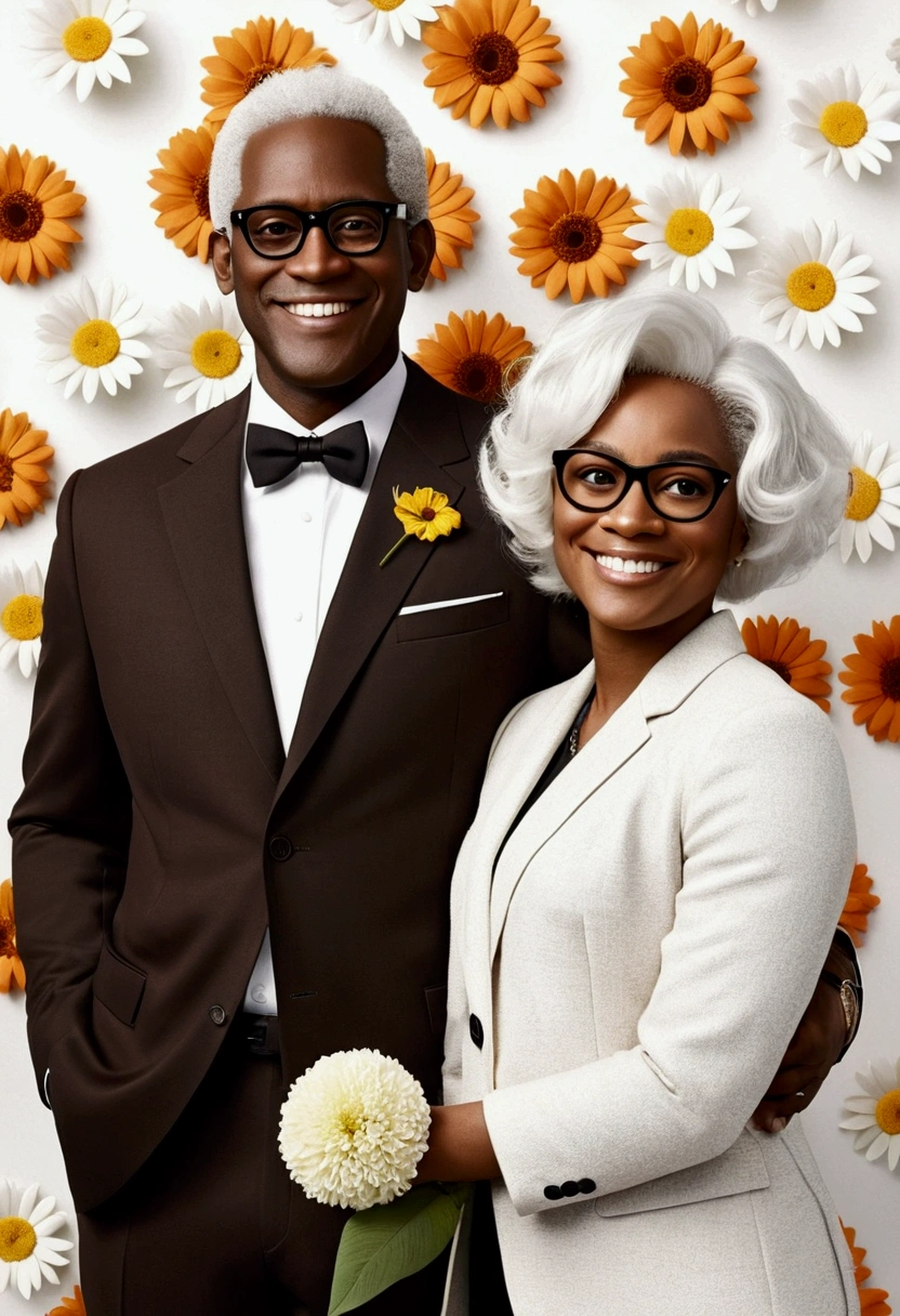 pixar. a black man with white hair without a beard with black square glasses brown suit black pants wristwatch a black woman white hair dressed with flowers. round black glasses smiling whole body in the image