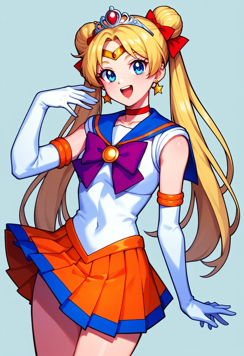 score_9, score_8_up, score_7_up,score_6_up, score_5_up, score_4_up , 1girl, solo, aausagi, long hair, double bun, twintails, parted bangs, tiara, earrings, blue eyes, red choker, blue sailor collar, red bow, white shirt, elbow gloves, white gloves, blue skirt, aamars, long hair, black hair, tiara, earrings, red choker, red sailor collar, purple bowtie, white shirt, elbow gloves, white gloves, pleated skirt, red skirt, bare legs, aavenus, long hair, blonde hair, hair bow, tiara, earrings, blue eyes, orange choker, orange sailor collar, blue bow, white shirt, elbow gloves, white gloves, pleated skirt, orange skirt, bare legs, happy, cowboy shot, simple background