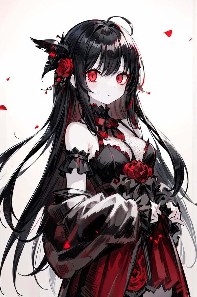 1girl, black hair, (red eye) ,red rose, Red bow,  black noble dress ,pale skin,
(high resolution, high detail, best quality), mysterious, elegant, shy