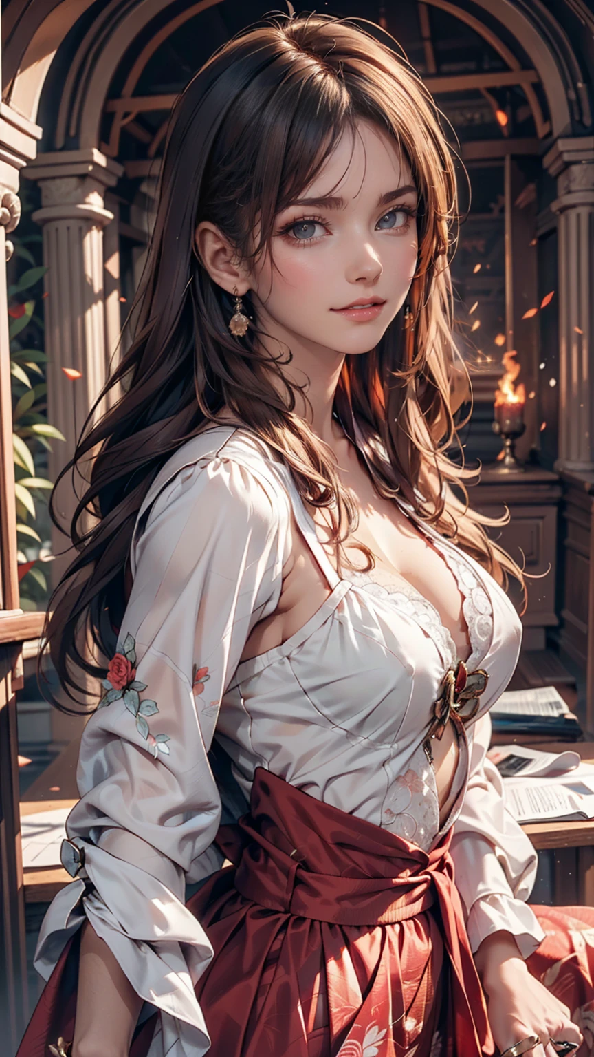 (Absurd, High resolution, Super detailed), One girl, Zodiac sign - Aries Goddess , alone, mature, Baroque, Long dress decorated with lace, Long sleeve, elegant, colorful, Most detailed, Upper Body , Sunset Hair . Eye of Fire . Brave, Selfish, Productive, The face of an enterprising humanitarian 、24-year-old woman、Sexy proportionature女体、Sexy proportionakeup、Lips with red lipstick、Textured skin((textured skin))、smile、Narrow waist