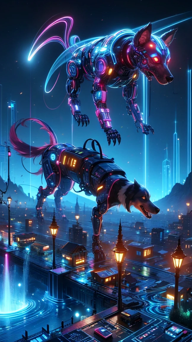 top quality, future world, State-of-the-art robot, flying dog, Transformed into a cyborg except for the Head , ((( dog)))