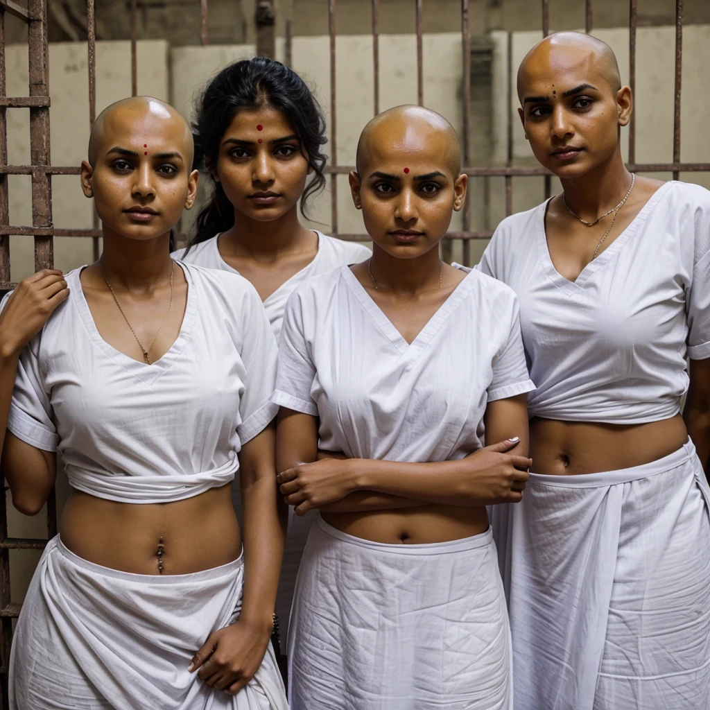 The Indian woman's prisoners, wearing white sharee as Specific clothing for female prisoners, in side the jail. They are doing murga pose with holding ear in jail every day. And shaved theirs head every day.