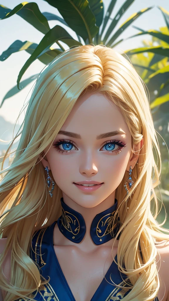 (Best quality,ultra detailed,Photorealistic:1.37),bright and rich colors,studio lighting,playful facial expression,stylish makeup,Long blonde hair fluttering in the wind,inviting eyes,glossy lips,sexy pose, Indonesia, volcanoes, I smile confidently and seductively,posing for a professional photo shoot,shallow depth of field,highlighting the main subject,soft natural light,Creating a dreamy and magical atmosphere.